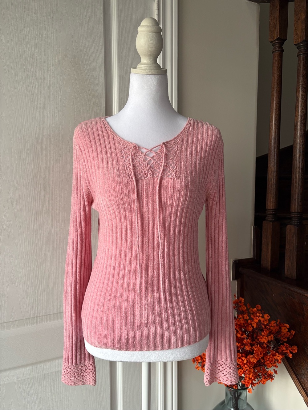 Vintage Pink Knit Sweater with Tie Up detail
